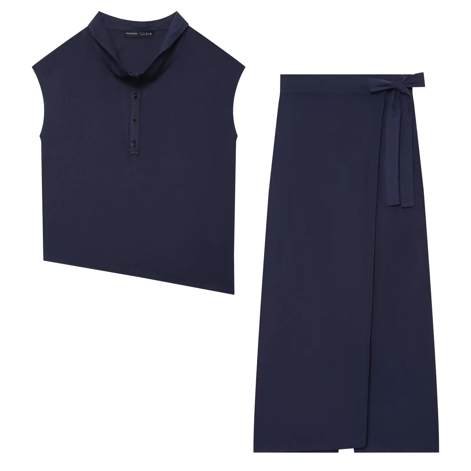 Elegant Women Solid Commuter Set Sleeveless Half Placket Polo Blouse High Waist Tie Wrap Midi Skirt Casual Two Piece Outfit