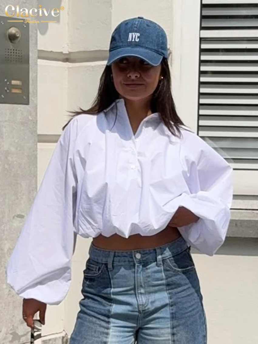 

Clacive Fashion Loose White Cotton Women's Shirt 2026 Casual Lapel Long Sleeve Shirts Elegant Classic Solid Top Female Clothing