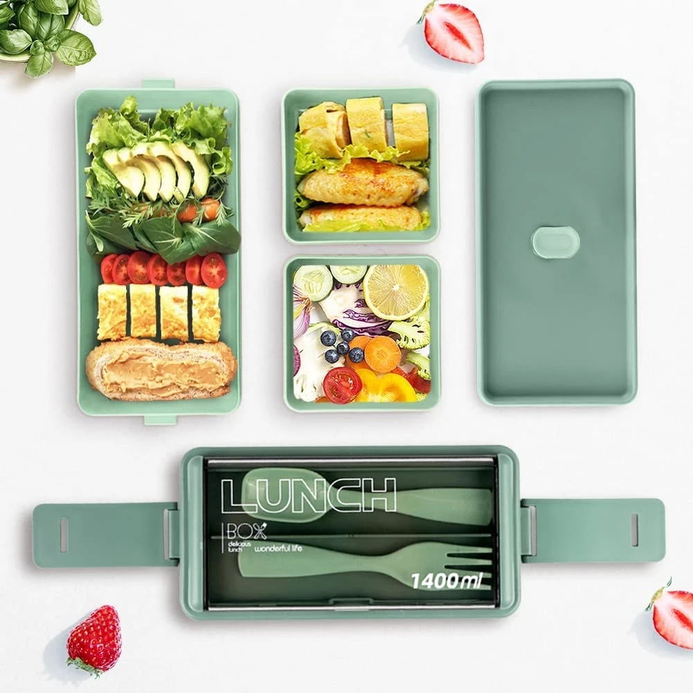 ABFW Bento Box Kit, 47.35OZ Bento Box Adult Lunch Box, 3 Compartments Bento Lunch Box , Meal Prep Containers for Adults Green