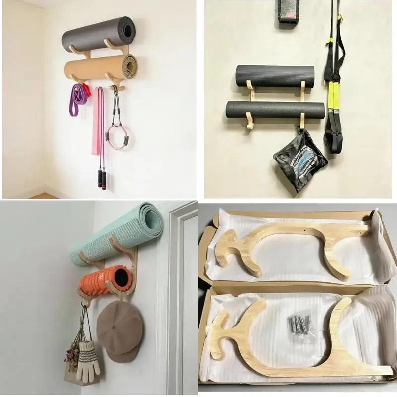Modern Wooden Multi-layer Wall Mounted Yoga Mat Rack Home Gym Storage Solution Black Wood Bracket Organizer Shelf