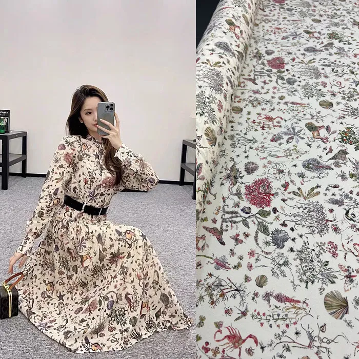 Beige Underwater Marine Life Print Silk Stretch Crepe De Chine Fabric Mulberry Silk Material For Dresses 140cm Wide Blouse