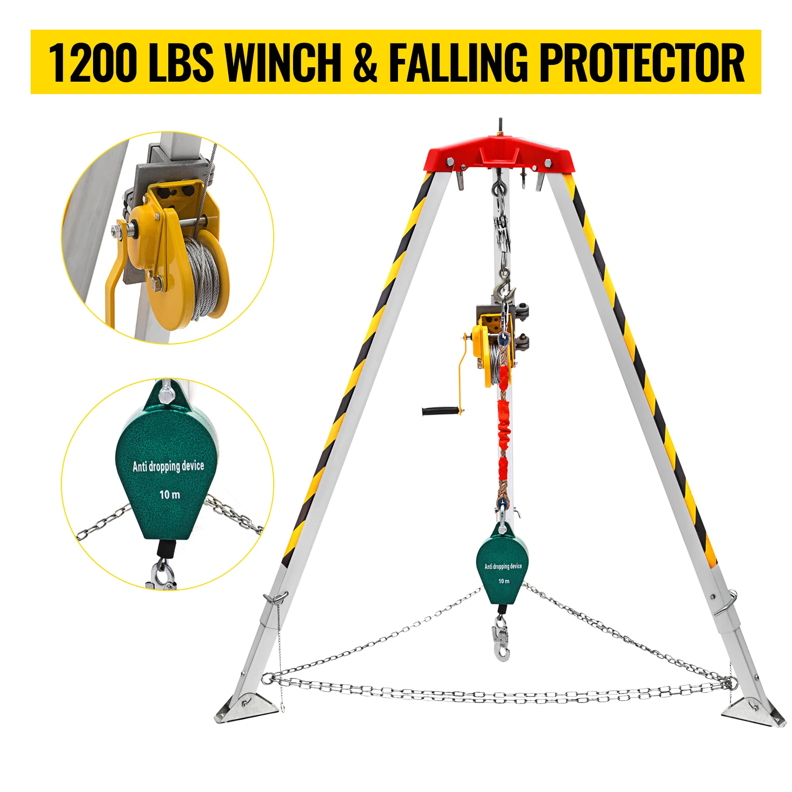 VEVOR Kit treppiede di salvataggio per treppiede con spazio confinato antiscivolo con verricello da 1200 libbre/1800 libbre/2600 libbre e protezione anticaduta gambe regolabili da 8 piedi