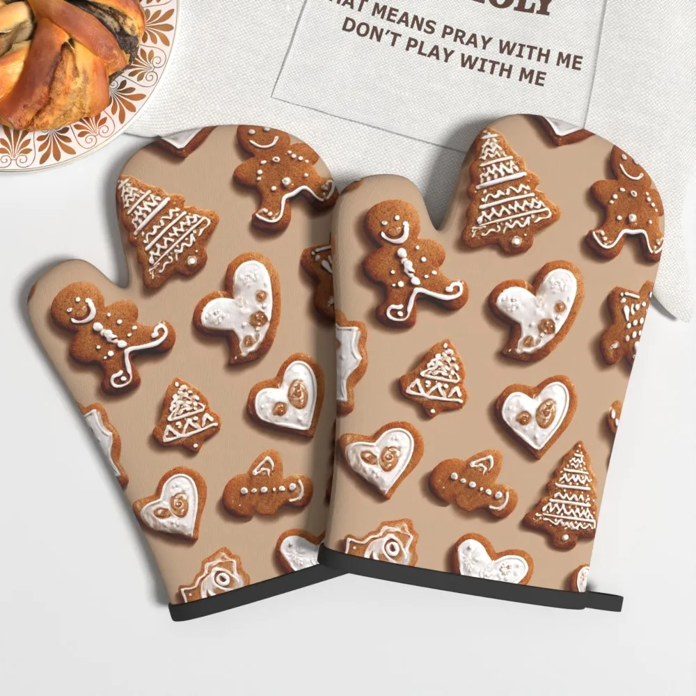 Gingerbread Print Oven Mitts Baking with Gingerbread for Man Cookie Patterns, Durable Kitchen Mittens for Men Women