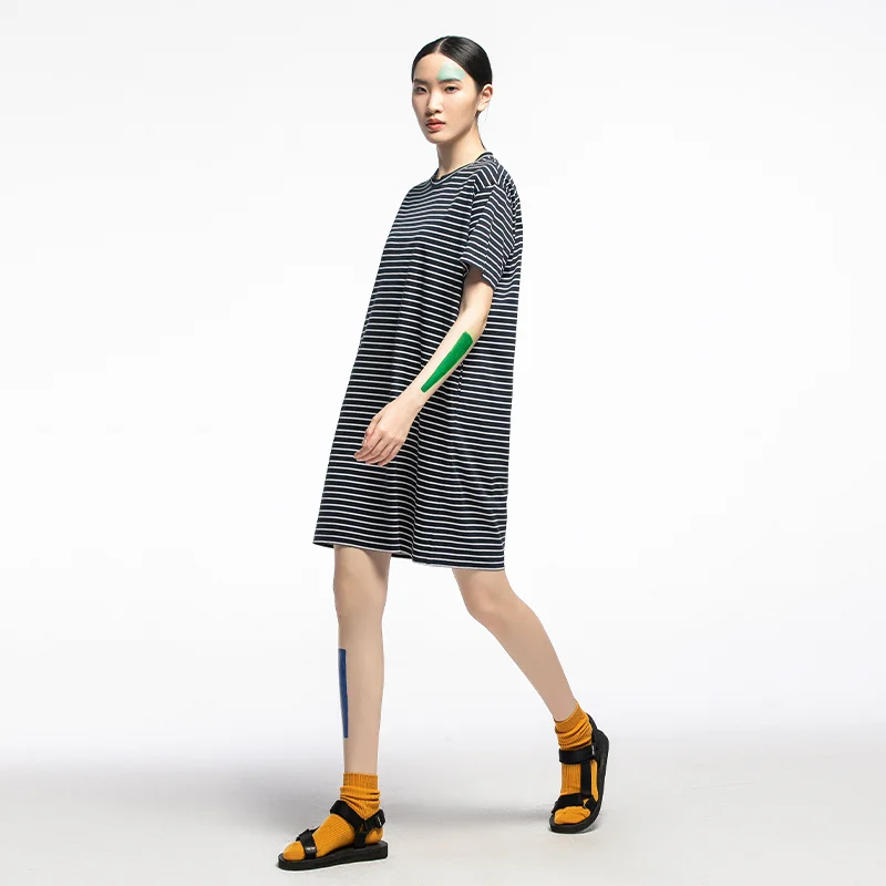 

Original Design Summer New Loose Knitted round Ne ort Sve Dr Women's Midi Dr Stripe Pattern Comfortable Cotton B...