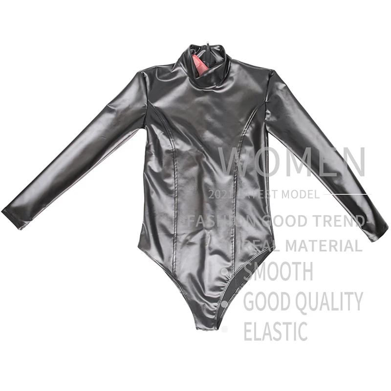 Sexy Faux Latex Bodysuits Women Long Sleeve Bodycon PU Leather Playsuits Ladies Exotic Stitching Costumes Clubwear New Custom