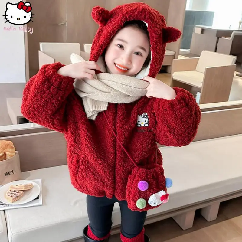 مرحبا كيتي الفتيات Kawaii سميكة مقنعين سترة الكرتون أنيمي الخريف والشتاء جديد سانريو سترة قطن دافئة القمم حقيبة التوصيل