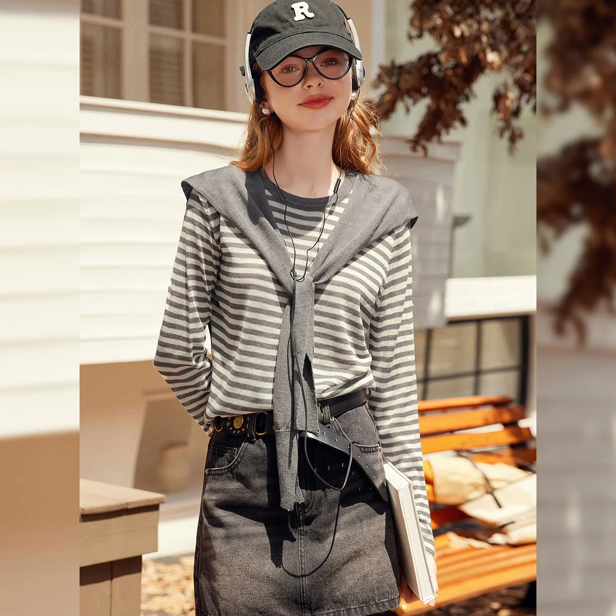 LOUIS YAO Neue Schal Gestreifte Gestrickte Langarm Pullover 52025 Herbst Tops Leicht Dehnbaren Stoff Rundhals frauen Strickwaren