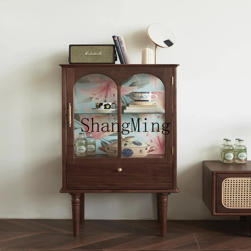 

ZYY retro black walnut living room solid wood storage locker glass drawer storage cabinet