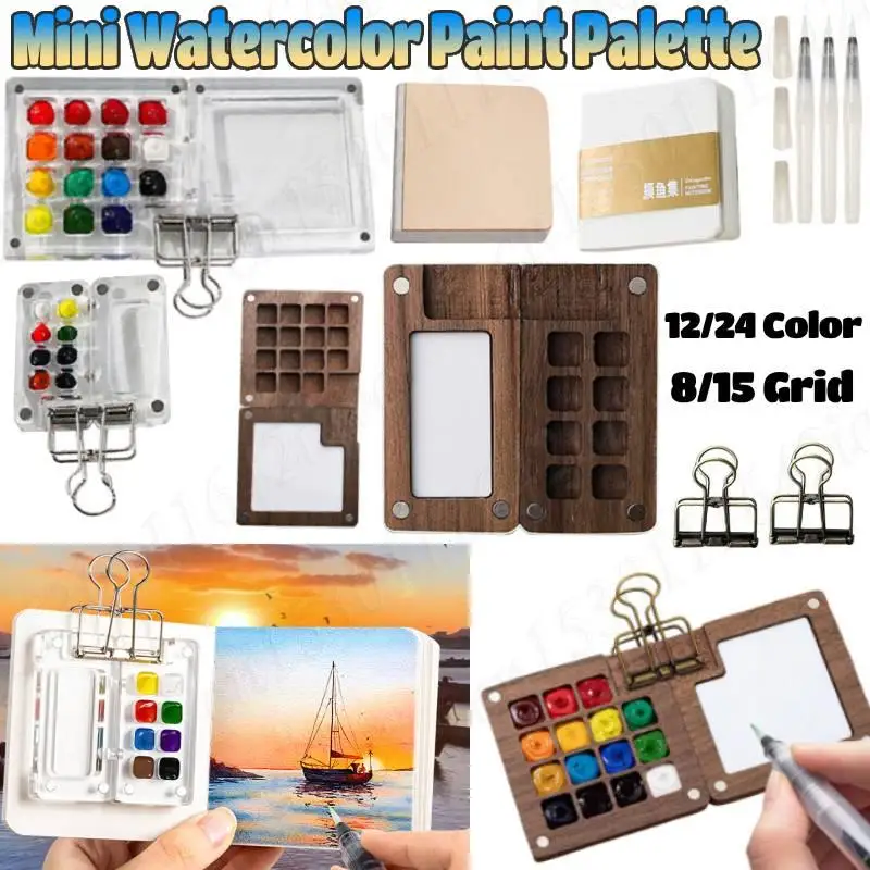 

Travel Mini Paint Palette Pocket Walnut Watercolor Set with Clip Artist Portable Wooden Grid Paint Box Sketchbook Art Supplies