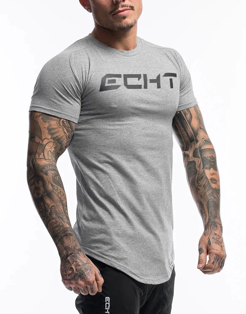 Men Tshirt Summer Curved Hem T-shirt Bodybuilding Big Letter Printed Men Fitness Workout Casual Shot Sleeve Shirt