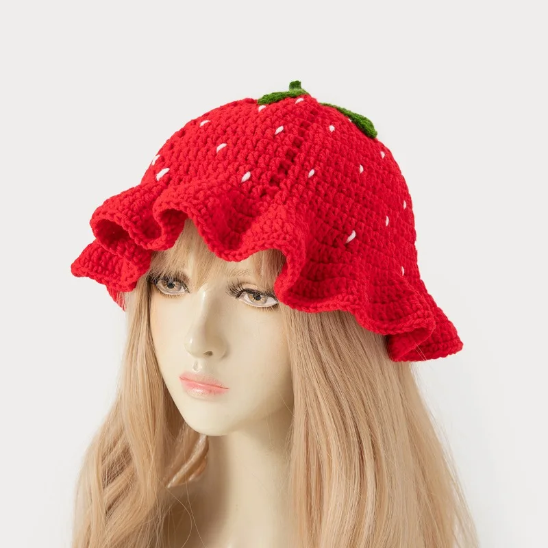 

Strawberry Handmade Crocheted Hat Wool Hats Warm Ear Protection Baotou Hat Trendy Fashion Versatile Cotton Thread Hats