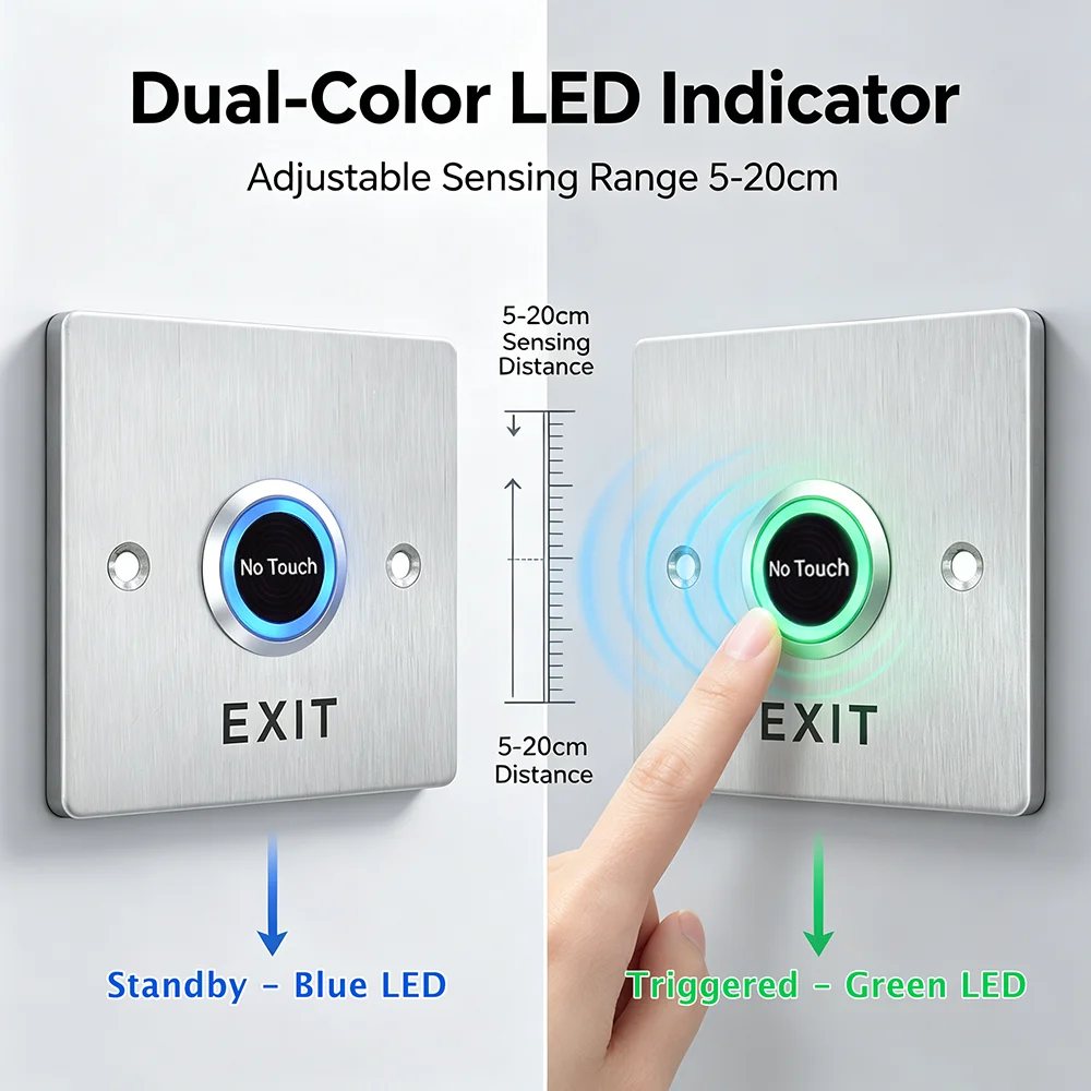 Infrared Touchless Exit Button No Touch Sensor Door Release Switch Stainless Steel Panel DC 12V 24V Security Access Control