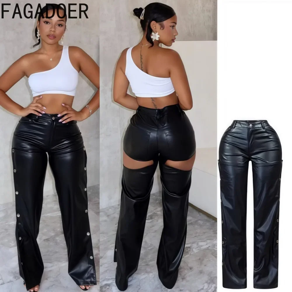 FAGADOER Leather Straight Pants For Women Y2k Streetwear Black Hollow Out Buttons Patchwork Pants Female Bottoms 2025 Spring New