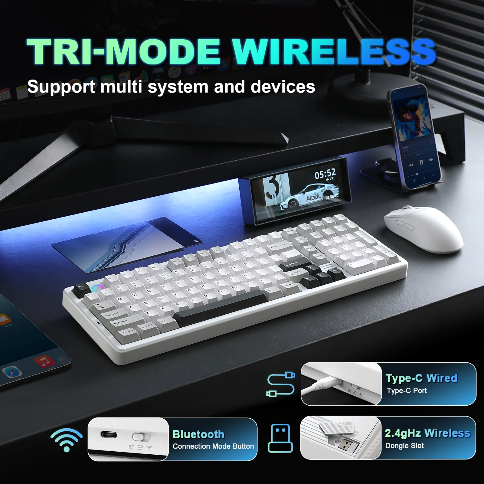 YUNZII AL98 สีขาว QMK/VIA คีย์บอร์ดไร้สาย, 1800 รูปแบบ Pre-Lubed Hot Swap ปะเก็น RGB Gaming Keyboard สําหรับ Mac/Win