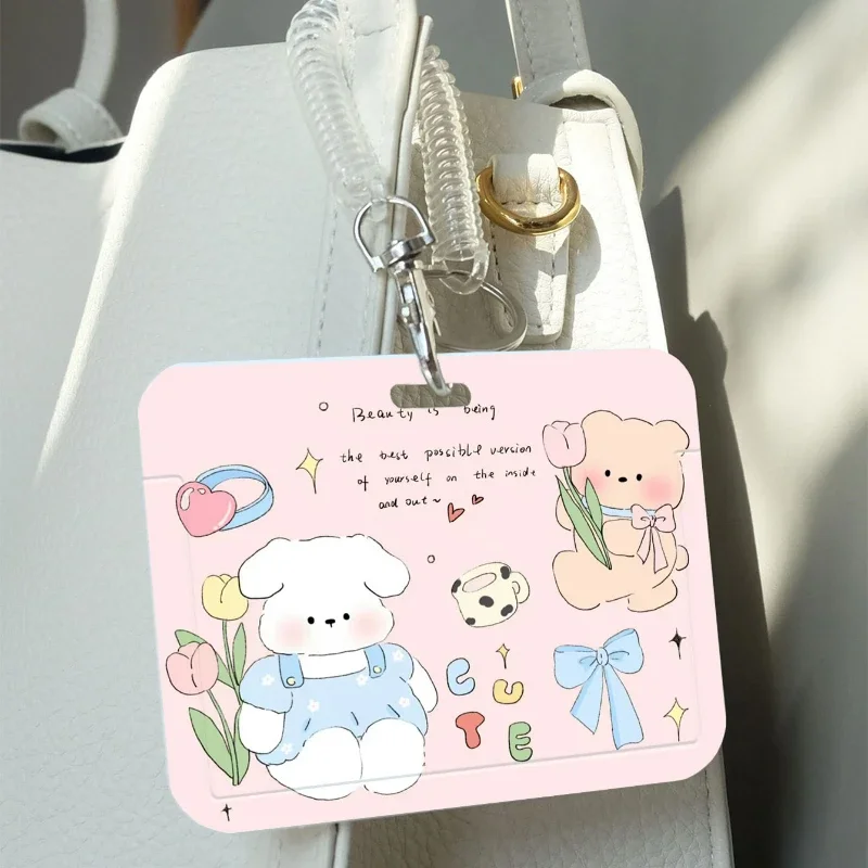 Pink Bear Cartoon Pattern Card Holder Anti-lost Keychain Suitable for Student ID/Bus Card Protective Case Bag Photo Protector