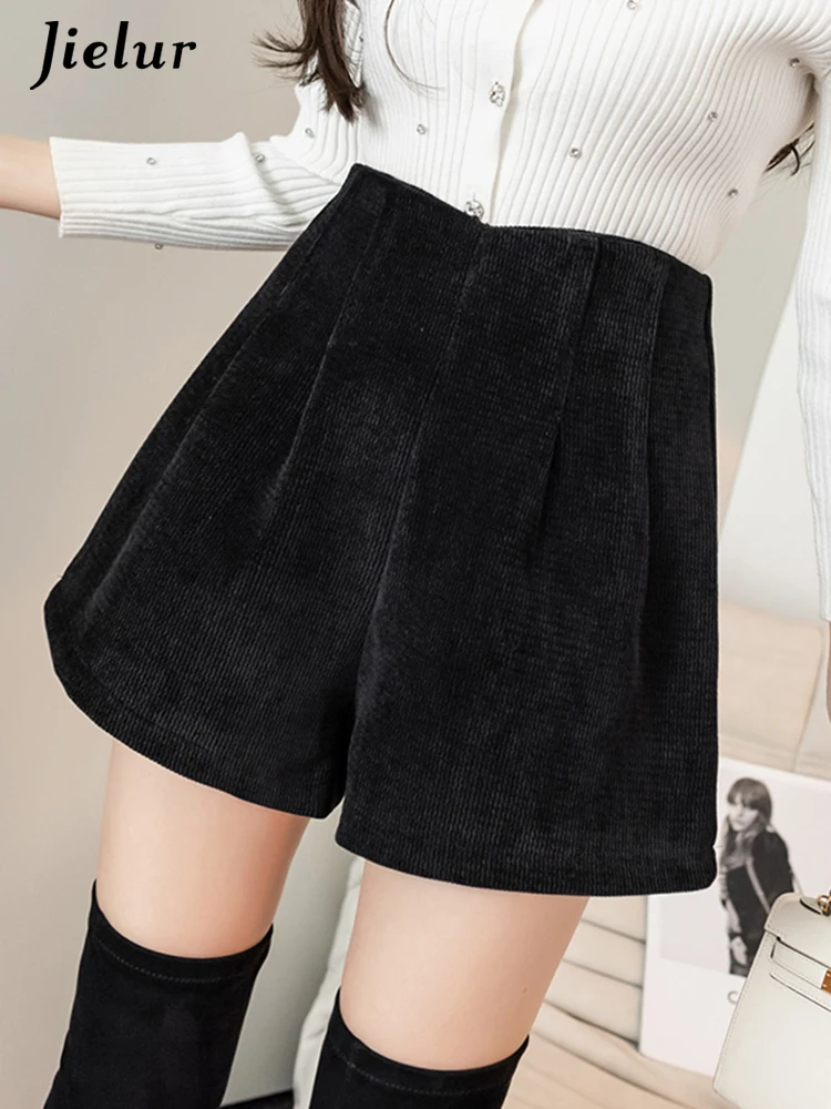 

Jielur Black Simple Casual Loose Female Shorts High Waist Slim Chic Pocket Office Ladies Solid Color Fashion Winter Women Shorts