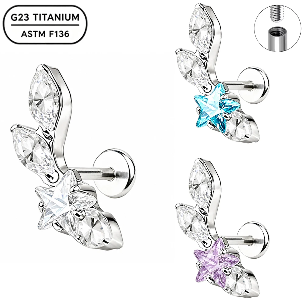 G23 ASTM F136 Titanium Internally Threaded 16G Star CZ Ear Climber Flat Back Stud Helix Tragus Conch Cartilage Piercing Jewelry