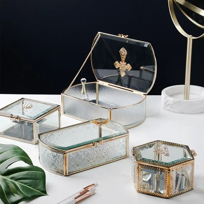 

Nordic Glass Jewelry Box Light Luxury Golden Jewelry Box Bedroom Dressing Table Organizer Home Decoration Ornaments