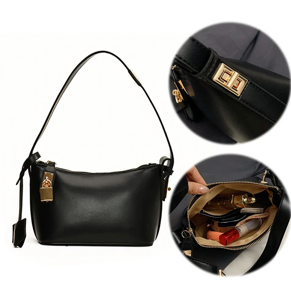

Women Small Shoulder Bag Solid Color PU Leather Woman Handbags Zipper Leather Underarm Bag with Lock Decor Trendy Hobo Bag