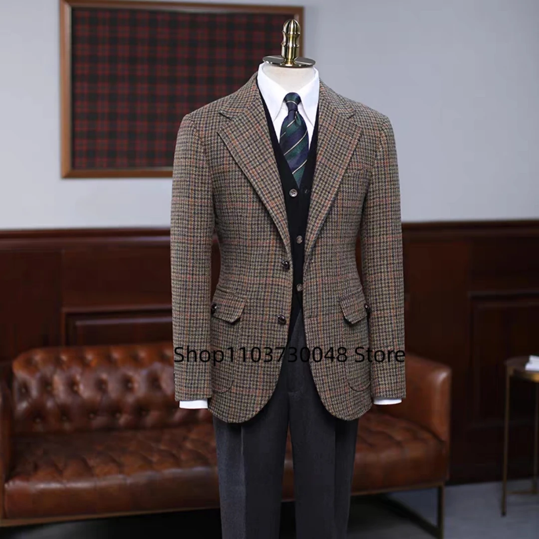 

Brown Houndstooth Men's Suit Jacket Woolen Blazer Prom Party Tuxedos Coat Single Breasted Two Buttons Bussiness/Wedding Jacket