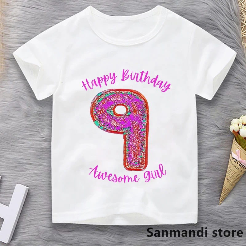 New Happy Birthday Awesome Girl/Boy Letter Print T-Shirt Children'S Clothing Funny Donuts Tshirt Femme Summer Tops T Shirt Girls