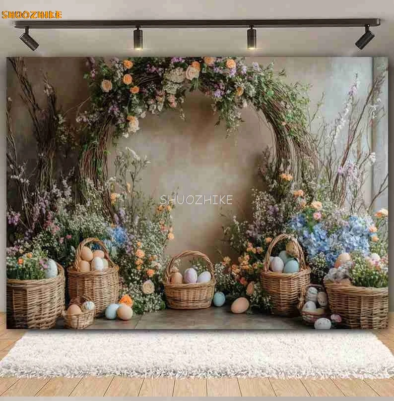 春のイースターの写真の背景,花,植物の弓,つるの壁,緑の草,卵,子供の誕生日,肖像画の装飾,写真の背景