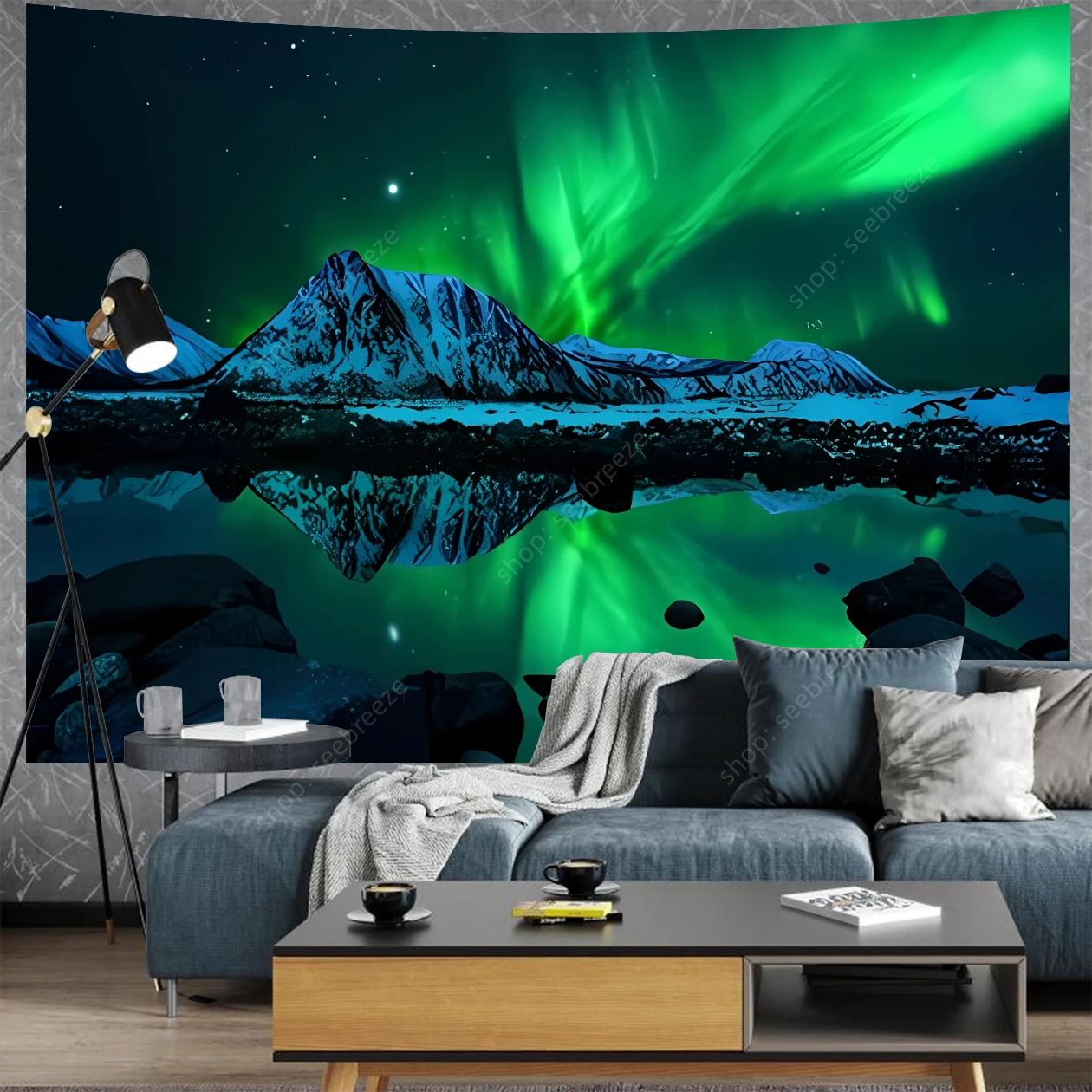 Galaxy Mountain Tapestry Outer Space Starry Night Green Aurora Tapestries Wall Hanging for Room Decor Aesthetic Ceiling Decor