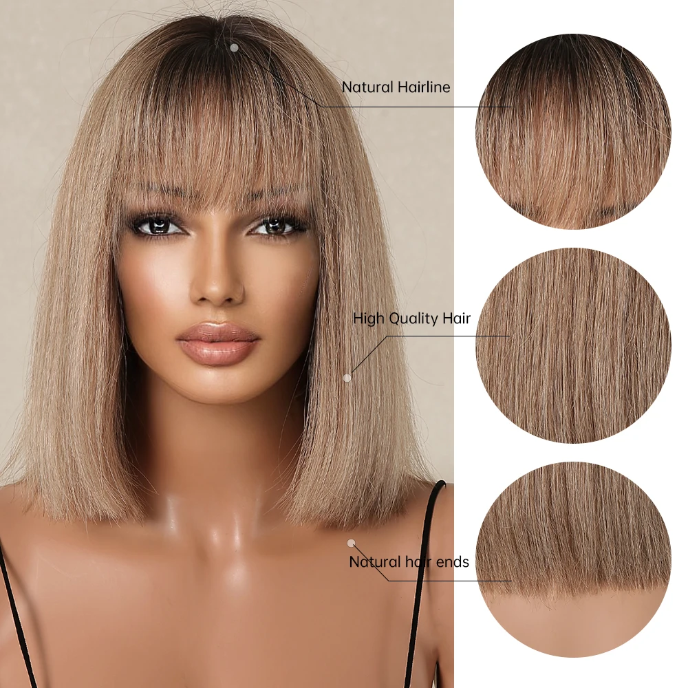 Brown Blonde Remy Human Hair Bob Wigs with Full Bangs Dark Root 10inches Straight Bob Blunt Human Hair Wig for White Women Daily