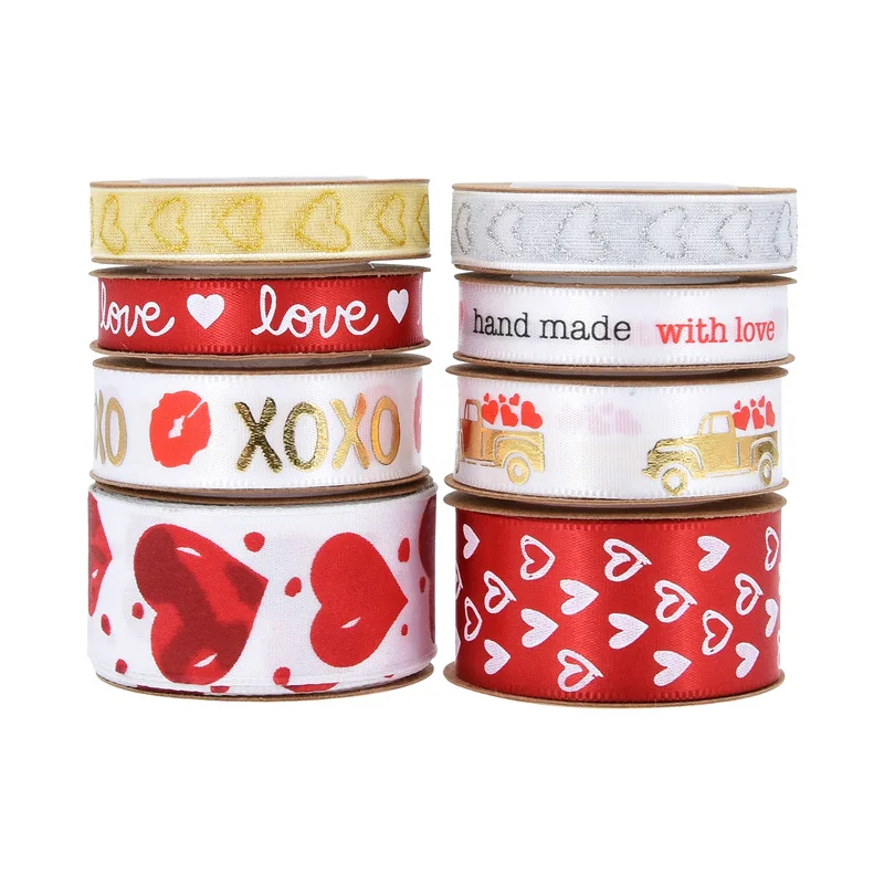 10Yards Grosgrain Love Heart Ribbons Wired Roll Wedding Party Decoration Valentine's Gift Wrapping Crafts Sewing Supplies