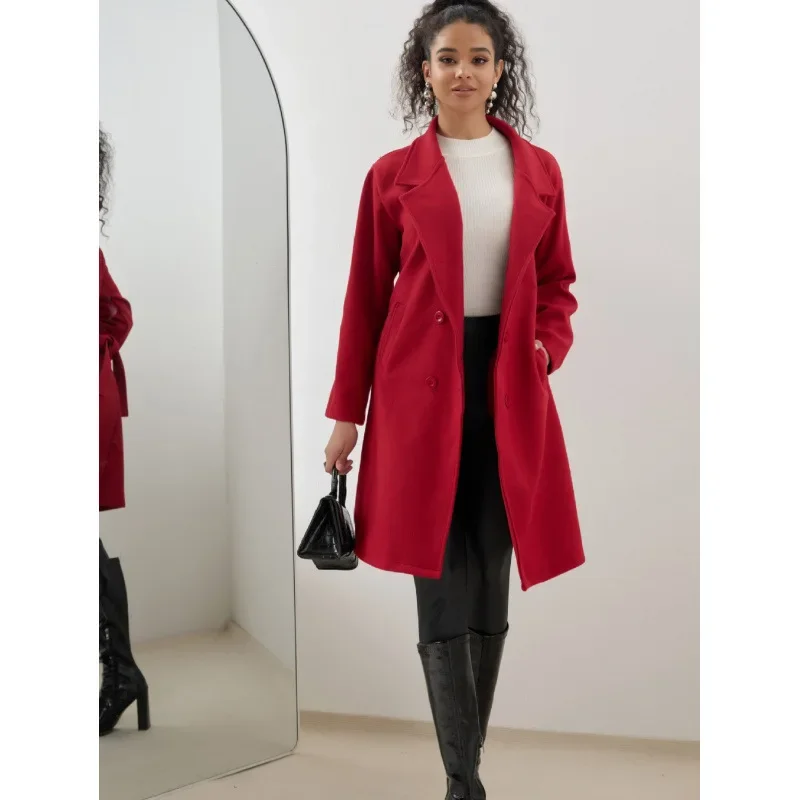 

Осенне-зимнее женское шерстяное пальто миди, однотонное, простое, с поясом, облегающая верхняя одежда, с длинными рукавами, эластичными манжетами