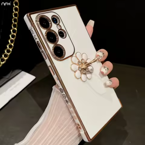 For Samsung Galaxy S24 Ultra Luxury Plating Frame Ring Stand Holder Phone Case For Samsung S21 S22 S23plus A25 A52 A54 A55 Cover