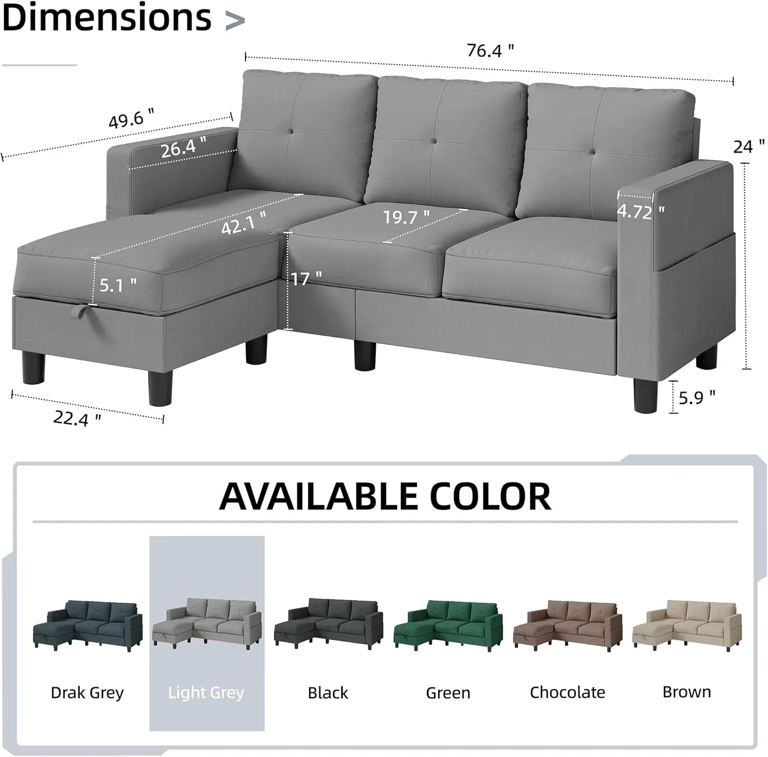 Sectional Sofa Couch,3 Seat L Shaped Couches with Storage Function Ottoman,Modern Linen Convertible Sectionals Sofas with Armres