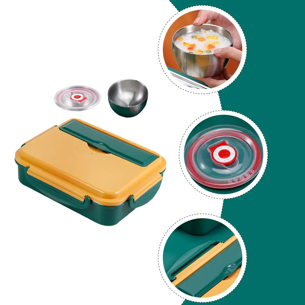 

1 set Thermal Lunch Box Stainless Steel Divided Grid Portable Bento Container For Work School Lunch Case Green Yellow