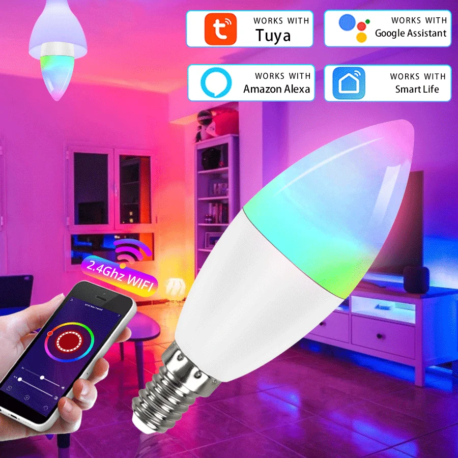 Bombilla LED inteligente Tuya E14 con WiFi, luz de vela RGBCW regulable, 220V, 5W, 7W, 9W, Control por voz, funciona con Alice, Alexa y Google Home