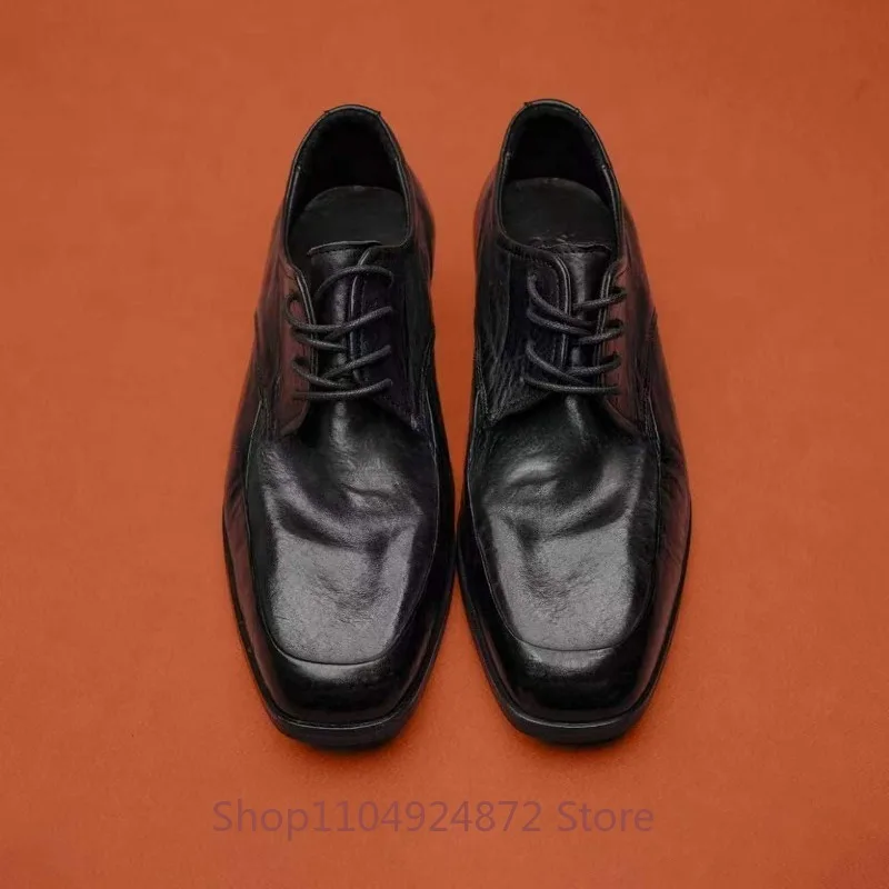 Designer Luxury Genuine Leather Lace-up Casual Business Formal Shoes Men's Square Toe Black Handmade Cowhide Leather Shoes