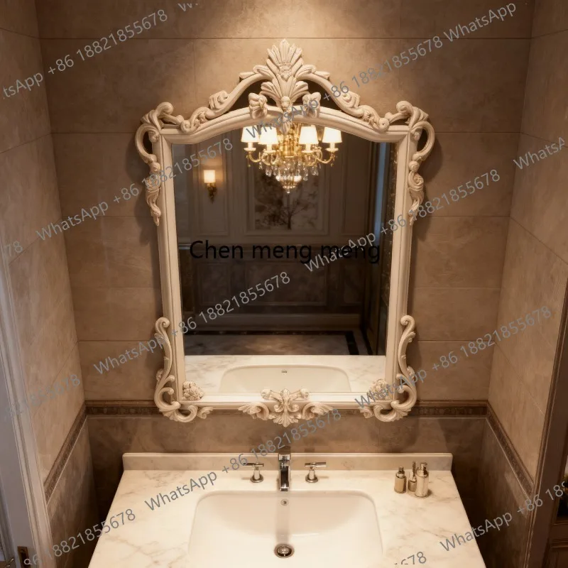 European luxury wall-mounted bathroom mirror antique white wall decorative mirror French retro vanity mirror