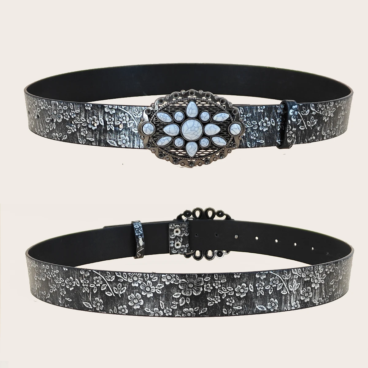 Neuer PU-Ledergürtel mit Flora-Muster für Herren und Damen, lässiger Jeansgürtel in Übergröße, luxuriöser Designer-Modegürtel in Türkis, Punk-Stil – Detail 5