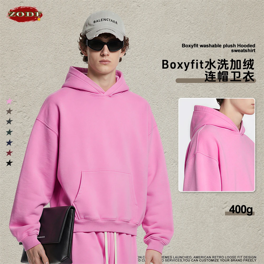 ZODF Retro Men Washed Boxy Fit Fleece Hoodie Unisex Winter Distressed Warm Hooded Pullovers Coat Brand Tops HY1182