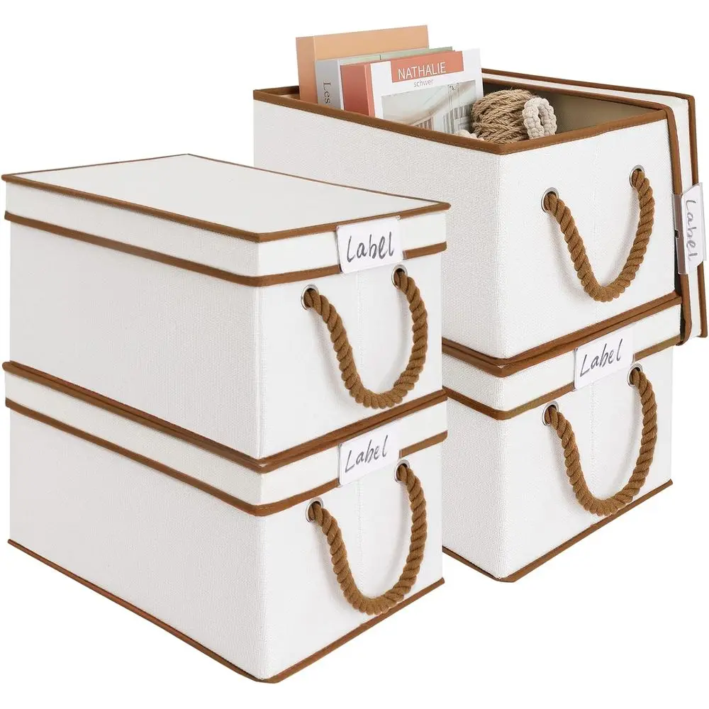 

Fabric Storage Bins with Lids for Organizing, Foldable Closet Storage Boxes for Shelves, Clothes Baskets with Cotton Rope Handle