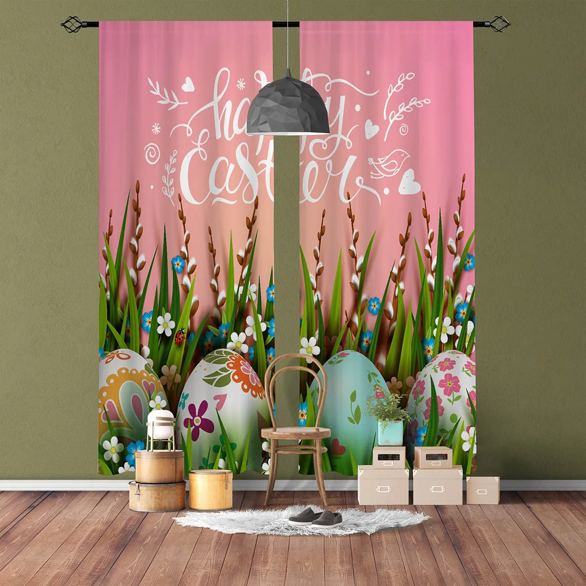 

Colored Egg Pink Easter Decorative Curtain Rod Pocket Bedroom Living Room Dining Room Kids Room Curtain 2 Pieces