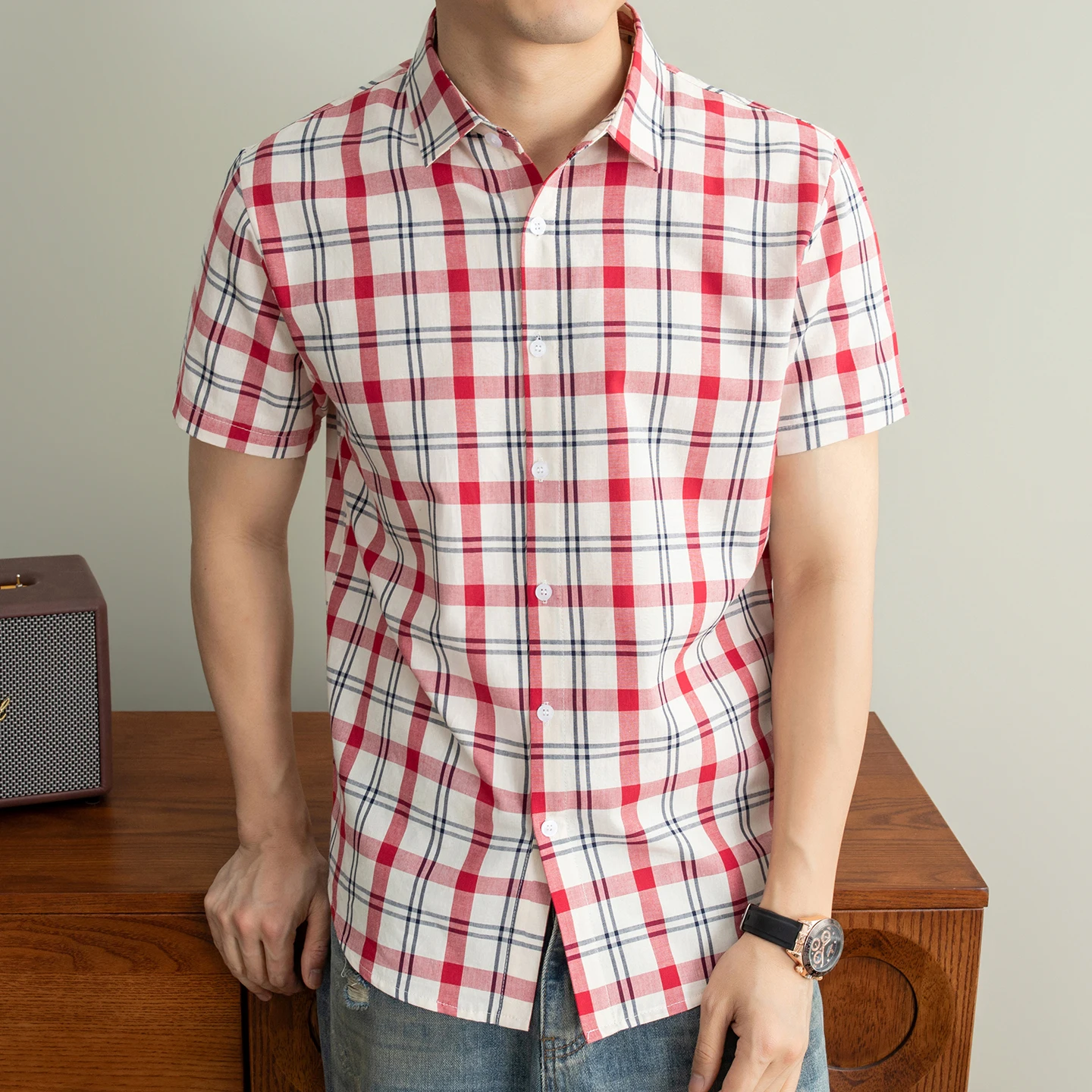 Men's 100% Cotton Short Sleeve Plaid Shirt Summer Casual Button Down Checkered Shirts Lightweight Breathable Top