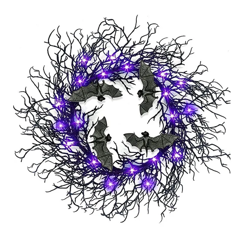LEDライト付きバットスパイダーブラックブランチリース、ウィンドウフラワーガーランド用リース、ハロウィーン装飾用リース、赤と紫