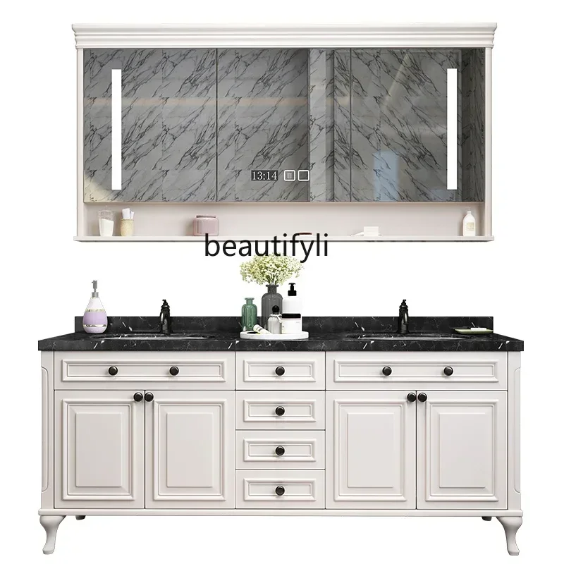 cqyYH American Bathroom Cabinet Floor Oak Smart Mirror Cabinet Wash Basin Combination Washstand