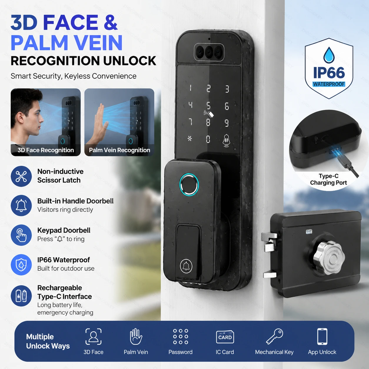 Smart Door Lock 3D Face Recognition Palm Vein Fingerprint Password IC Card APP Unlock IP66 Waterproof Keyless Electronic Lock