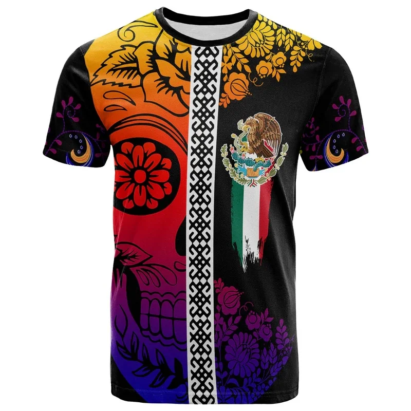 Mexico T Shirt For Men 3d Print Aztec Warrior Eagle Skull Graphic T-Shirt Fashion Human Skeleton Short Sleeve Tops Kid Jersey