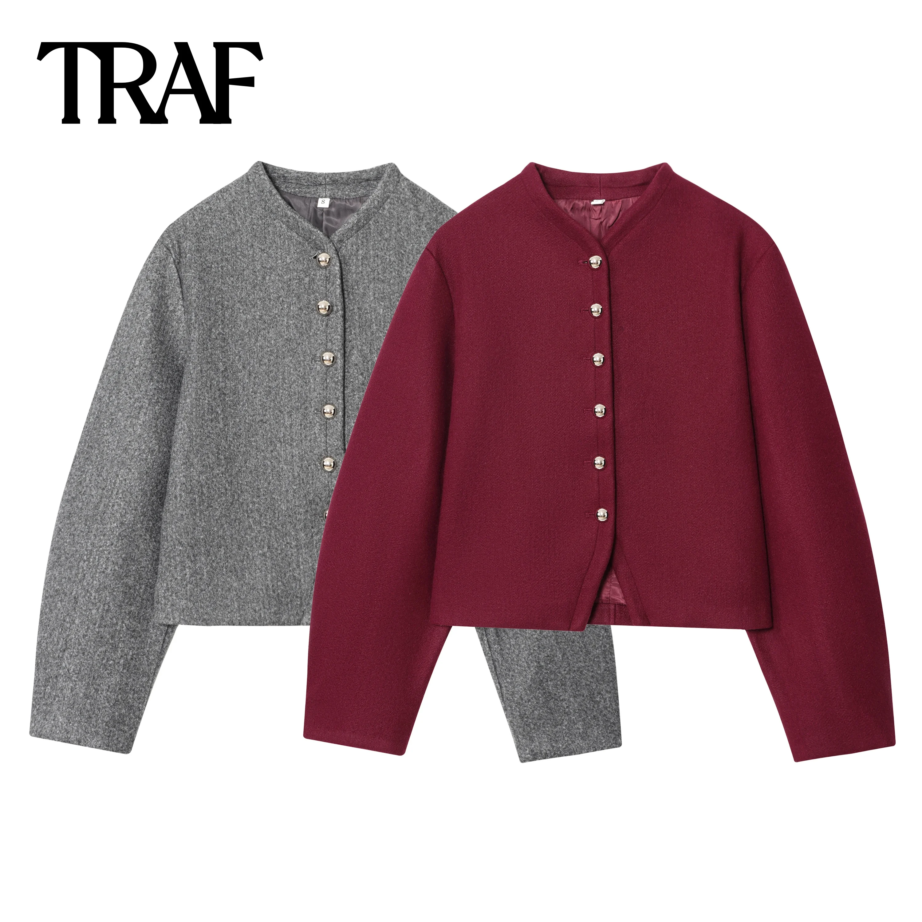 

TRAF Fashion Simple Solid Color 2025 Autumn New Product Button Decoration Round Neck Commuter Long Sleeve Coat