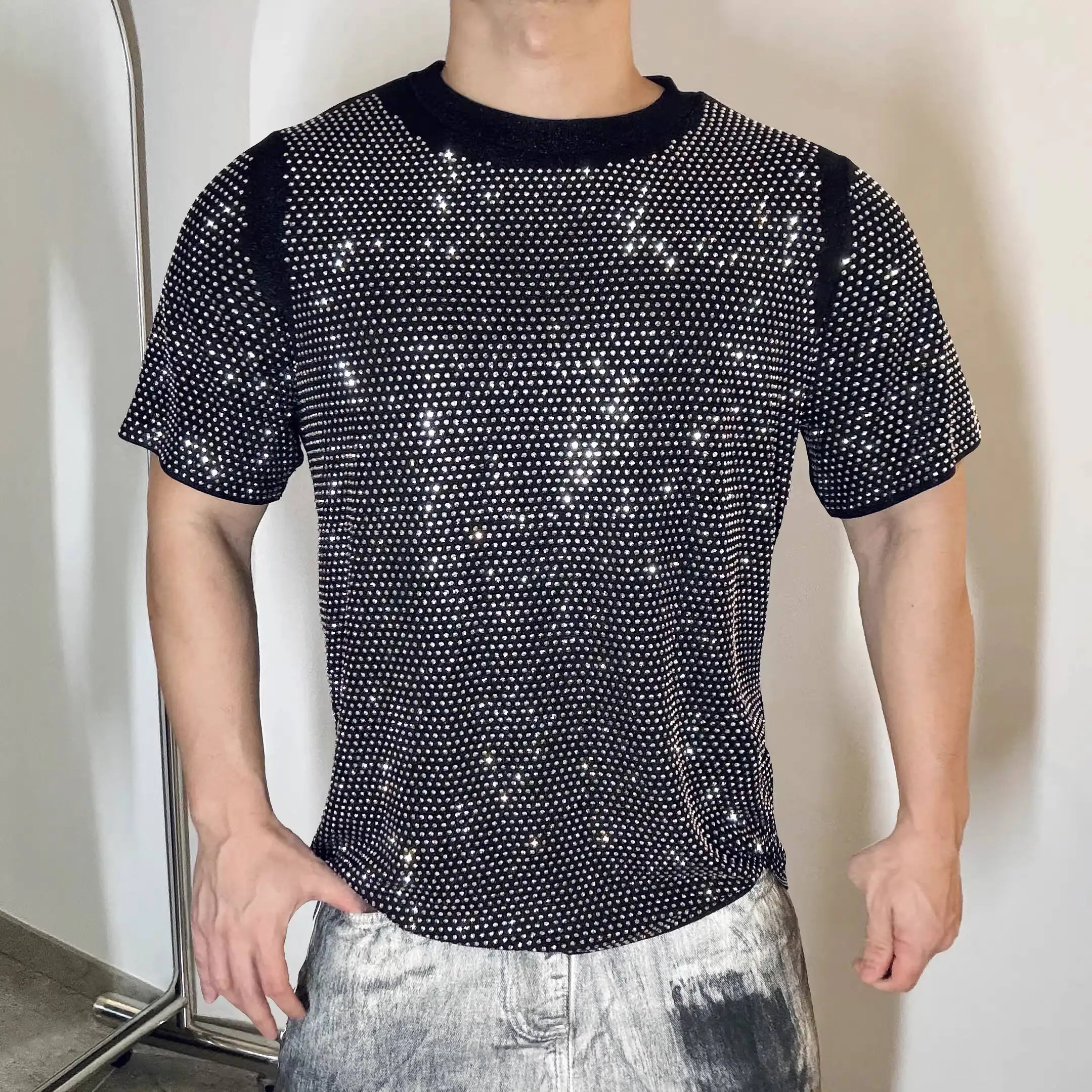 

Glossy glitter sequin sexy fitness party club top Vintage double layers black plus size sports t shirt