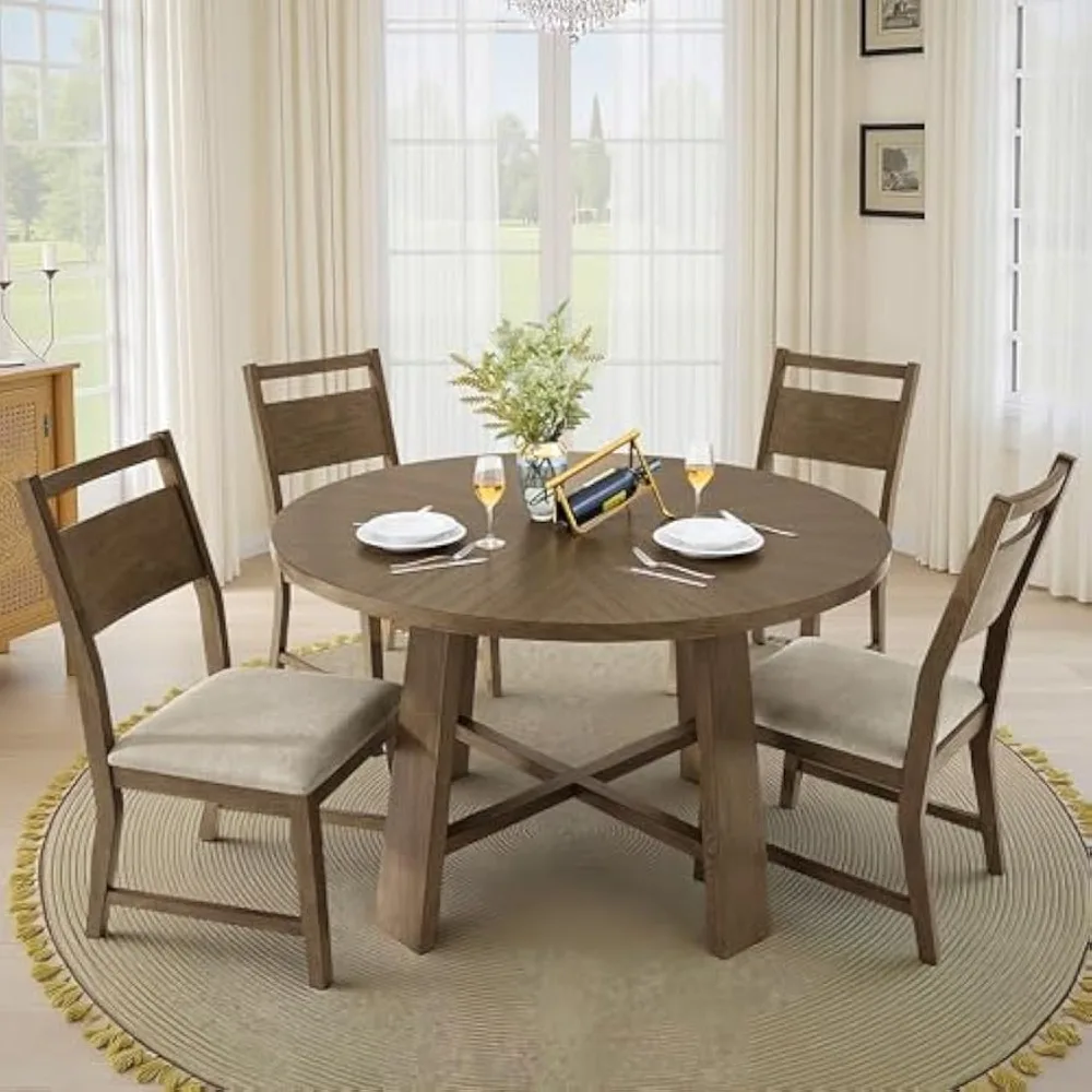 طقم طاولة طعام مستديرة من الخشب الصلب مقاس 46 بوصة لـ 4 أشخاص، 5 قطع من أثاث المطبخ وغرفة الطعام في منتصف القرن مع كراسي مبطنة، Space-Savi