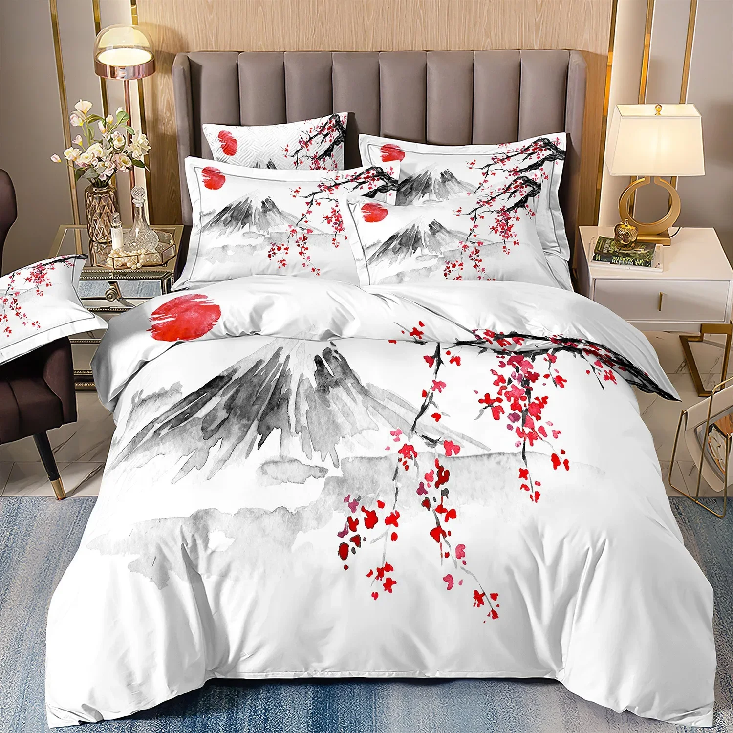 Japanese-Style Duvet Cover Cherry Bedding Set  Ukiyo-e Theme Wave Pattern quilt cover Mountain Exotic Style