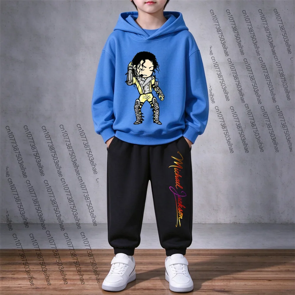 Boys Girls 3-12Y Michael Jackson Pattern Hoodie & Pants Suit Kids Long Sleeve Hooded Sweatshirt Two-Piece Autumn Casual